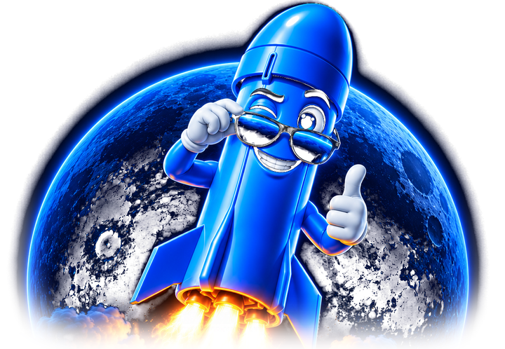 Blue Organ: a glossy blue rocket with a face, winking over its sunglasses and giving a thumbs up as it blasts off in front of a giant blue moon.